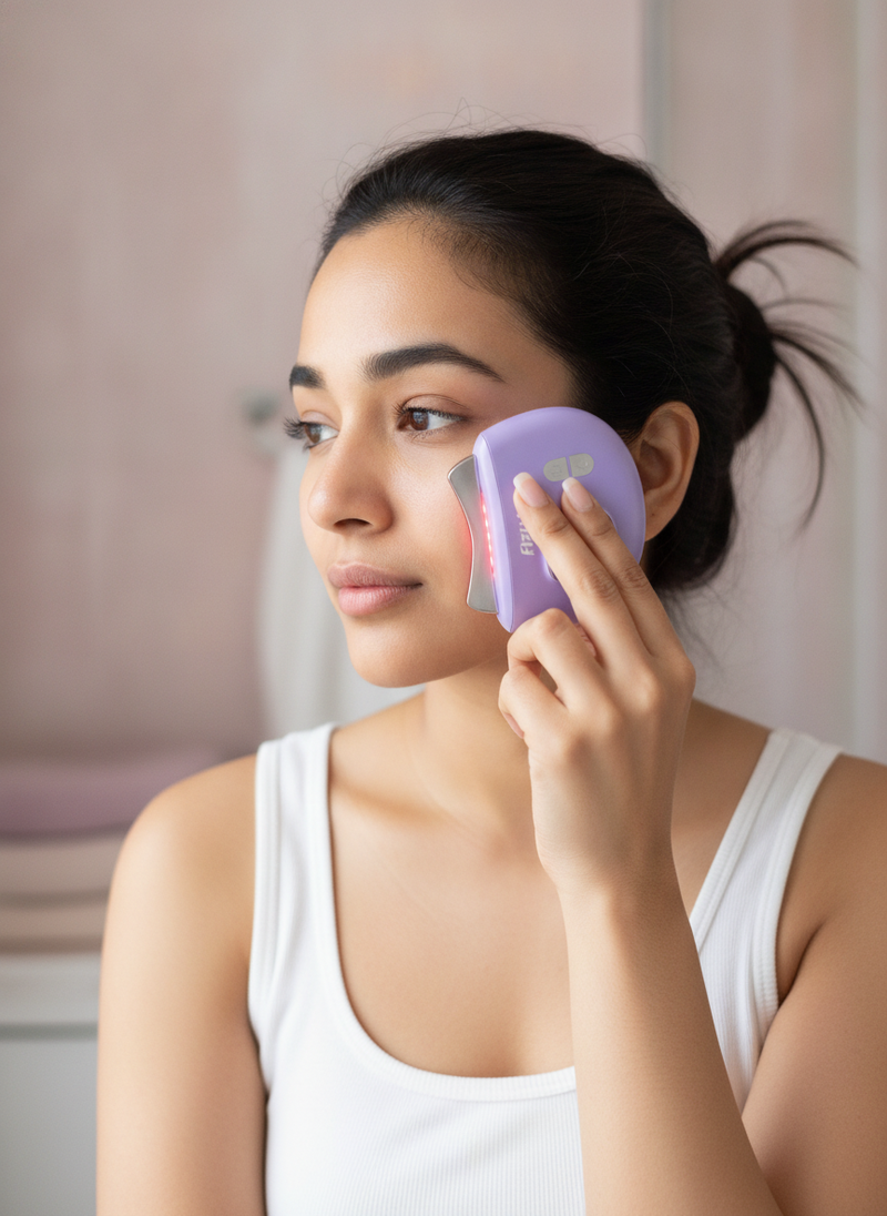 Young woman in her bathroom using an Electric Gua Sha Red Light Therapy device to depuff under her eye during her morning ski