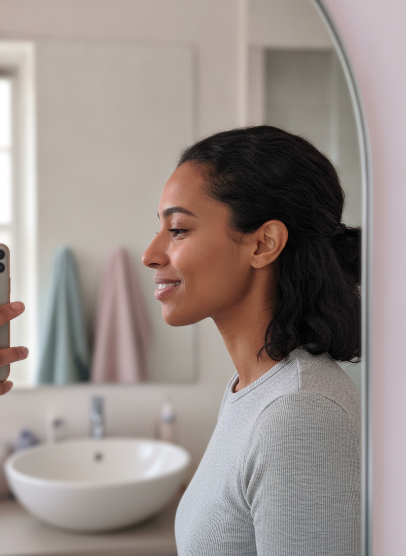 Side profile mirror selfie of a person with a visibly improved, more defined jawline, smiling gently.