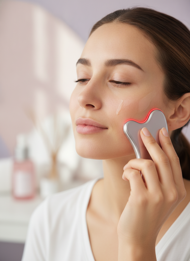 A woman with glowing skin uses an electric gua sha device on her cheek, which is covered in a layer of facial oil.