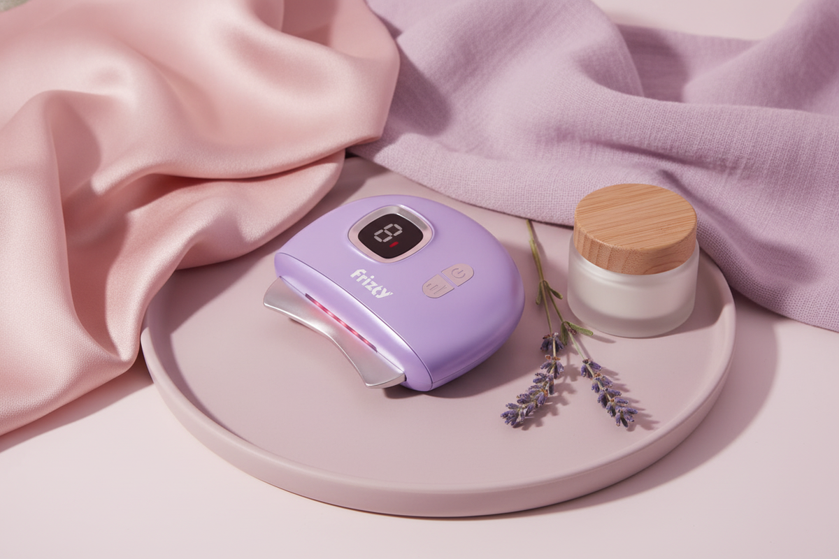 Electric Gua Sha Red Light Therapy device with LED display on a pale mauve surface, surrounded by blush pink and lavender fab